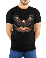 Majestic Bald Eagle Wings Floral Art Freedom Graphic Tshirt - model wearing black tee with hands behind back