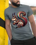 Colorful Tribal Squirrel Art Nature Inspired Graphic Tshirt - model wearing grey tee, leaning on column