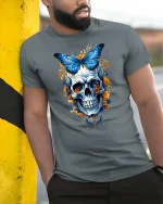Blue Butterfly Skull Floral Art Graphic Tshirt Dark Fantasy Style - model wearing grey tee, leaning on column
