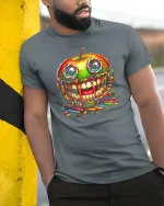 Candy Sprinkle Apple Skull Graphic Tshirt Bold Fun Art Style - model wearing grey tee, leaning on column