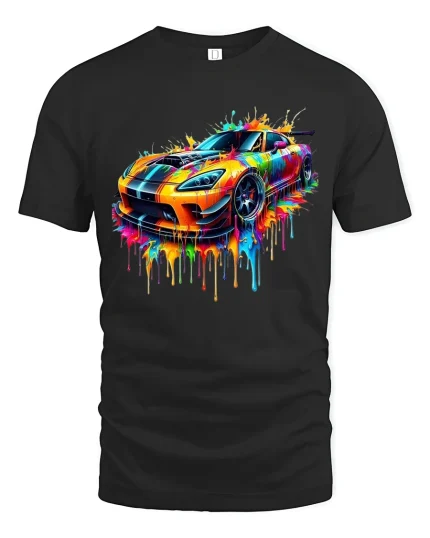 Color Splash Supercar Art Tee With Bold Street Racing Energy - black t-shirt on white background
