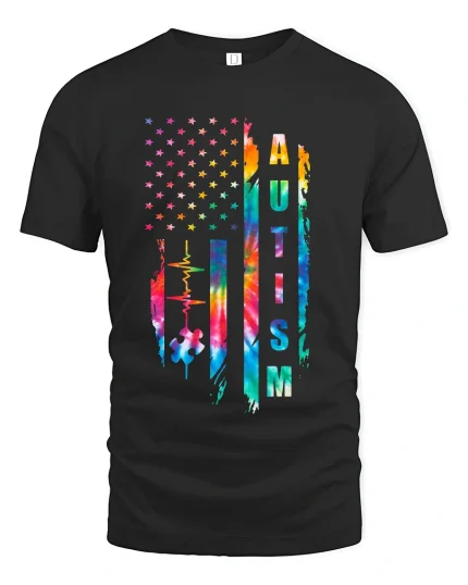Autism Awareness American Flag Puzzle Heartbeat Graphic Tee - black t-shirt on white background