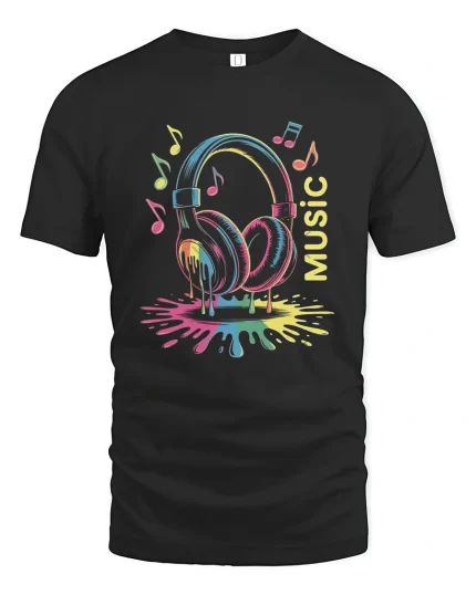 Colorful Dripping Headphones Music Lover Art Graphic Tee - black t-shirt on white background
