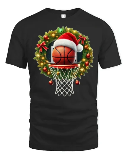 Christmas Basketball Hoop Santa Hat Holiday Sports Graphic Tee - black t-shirt on white background