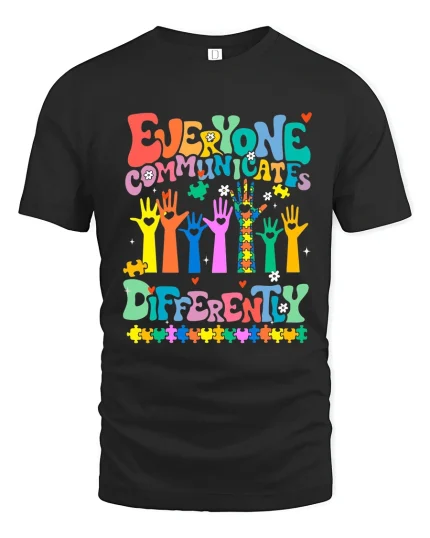 Everyone Communicates Differently Colorful Puzzle Graphic Tee - black t-shirt on white background