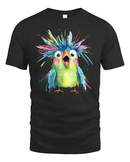 Funny Colorful Crazy Bird Watercolor Art Graphic Tee - black t-shirt on white background