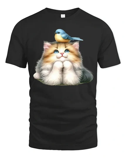 Cute Kitten And Little Bird Sweet Friendship Art Graphic Tee - black t-shirt on white background