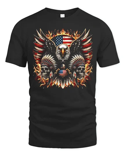 American Eagle Skull Fire Patriotic Freedom Graphic Tee - black t-shirt on white background