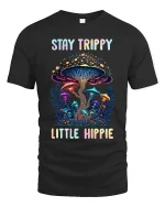 Stay Trippy Little Hippie Psychedelic Mushroom Art Tee - black t-shirt on white background