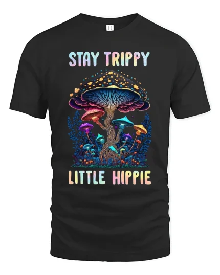 Stay Trippy Little Hippie Psychedelic Mushroom Art Tee - black t-shirt on white background