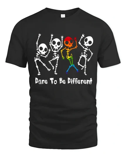 Dare To Be Different Dancing Skeleton Graphic Pride Tee - black t-shirt on white background
