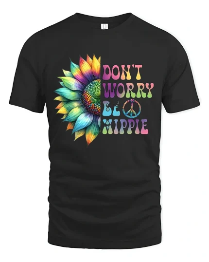 Dont Worry Be Hippie Colorful Sunflower Peace Graphic Tee - black t-shirt on white background