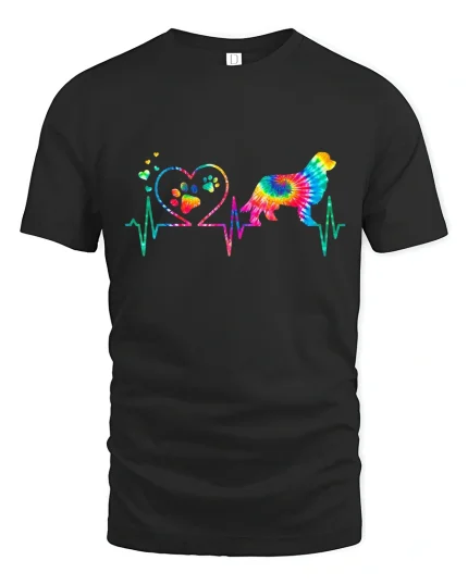 Colorful Dog Heartbeat Love Paw Print Tie Dye Graphic Tee - black t-shirt on white background