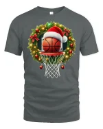 Christmas Basketball Hoop Santa Hat Holiday Sports Graphic Tee - gray t-shirt on white background