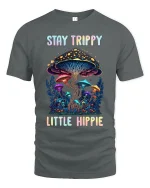 Stay Trippy Little Hippie Psychedelic Mushroom Art Tee - gray t-shirt on white background