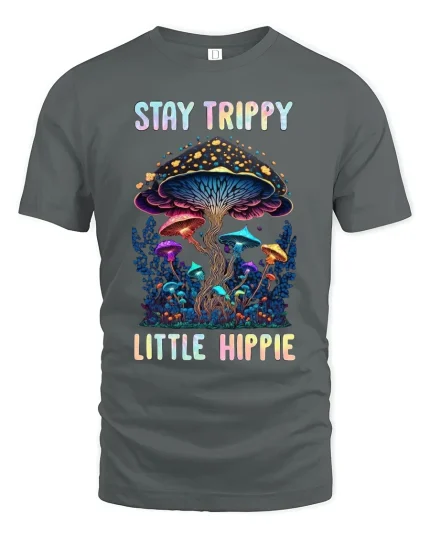 Stay Trippy Little Hippie Psychedelic Mushroom Art Tee - gray t-shirt on white background