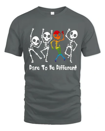 Dare To Be Different Dancing Skeleton Graphic Pride Tee - gray t-shirt on white background