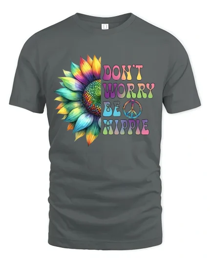 Dont Worry Be Hippie Colorful Sunflower Peace Graphic Tee - gray t-shirt on white background