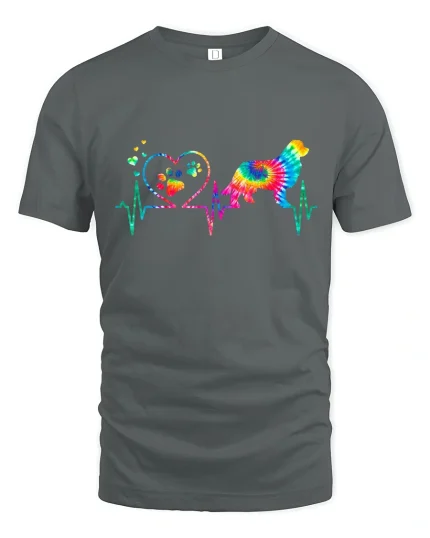 Colorful Dog Heartbeat Love Paw Print Tie Dye Graphic Tee - gray t-shirt on white background