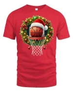 Christmas Basketball Hoop Santa Hat Holiday Sports Graphic Tee - red t-shirt on white background