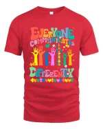 Everyone Communicates Differently Colorful Puzzle Graphic Tee - red t-shirt on white background