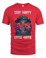 Stay Trippy Little Hippie Psychedelic Mushroom Art Tee - red t-shirt on white background