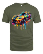 Color Splash Supercar Art Tee With Bold Street Racing Energy - military green t-shirt on white background
