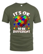 Its Ok To Be Different Colorful Puzzle Heart Graphic Tee - military green t-shirt on white background