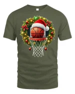 Christmas Basketball Hoop Santa Hat Holiday Sports Graphic Tee - military green t-shirt on white background