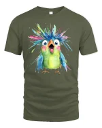 Funny Colorful Crazy Bird Watercolor Art Graphic Tee - military green t-shirt on white background