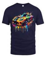 Color Splash Supercar Art Tee With Bold Street Racing Energy - navy t-shirt on white background