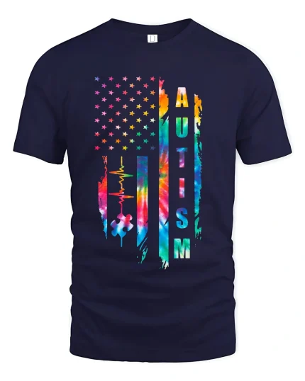 Autism Awareness American Flag Puzzle Heartbeat Graphic Tee - navy t-shirt on white background