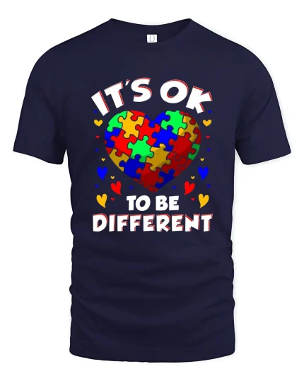 Its Ok To Be Different Colorful Puzzle Heart Graphic Tee - navy t-shirt on white background