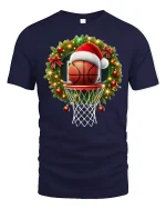 Christmas Basketball Hoop Santa Hat Holiday Sports Graphic Tee - navy t-shirt on white background