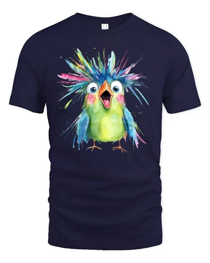 Funny Colorful Crazy Bird Watercolor Art Graphic Tee - navy t-shirt on white background