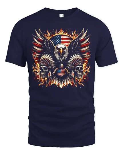 American Eagle Skull Fire Patriotic Freedom Graphic Tee - navy t-shirt on white background