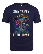 Stay Trippy Little Hippie Psychedelic Mushroom Art Tee - navy t-shirt on white background