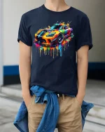 Color Splash Supercar Art Tee With Bold Street Racing Energy - model wearing navy tee with hands in pockets