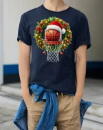 Christmas Basketball Hoop Santa Hat Holiday Sports Graphic Tee - model wearing navy tee with hands in pockets