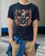 American Eagle Skull Fire Patriotic Freedom Graphic Tee - model wearing navy tee with hands in pockets