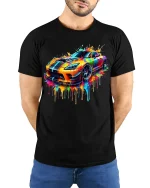 Color Splash Supercar Art Tee With Bold Street Racing Energy - model wearing black tee with hands behind back