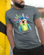 Funny Colorful Crazy Bird Watercolor Art Graphic Tee - model wearing grey tee, leaning on column
