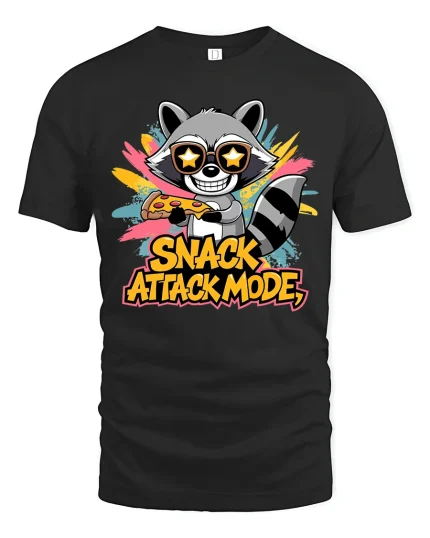 Snack Attack Mode Raccoon Pizza Graphic Tee Funny Food Vibes - black t-shirt on white background