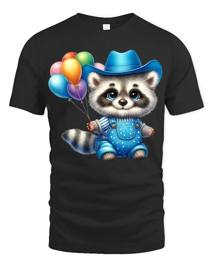 Cute Cowboy Raccoon Balloon Graphic Tee Adorable Party Vibes - black t-shirt on white background