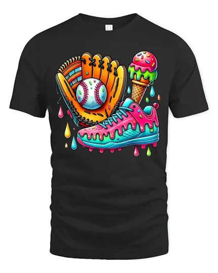 Sweet Heat Baseball Donut Glove Sneaker Graphic Tee Fun Style - black t-shirt on white background