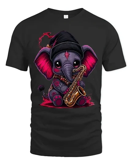 Cute Elephant Saxophone Jazz Graphic Tee Magical Music Mood - black t-shirt on white background