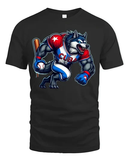 Cuba Baseball Wolf Power Graphic Tee Fierce Sports Energy - black t-shirt on white background