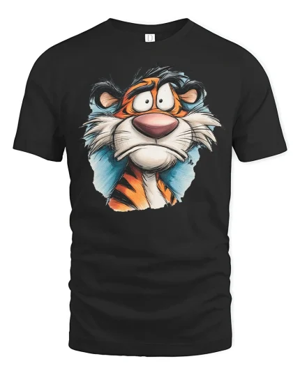 Funny Confused Tiger Face Cartoon Graphic Tee Playful Wild Mood - black t-shirt on white background