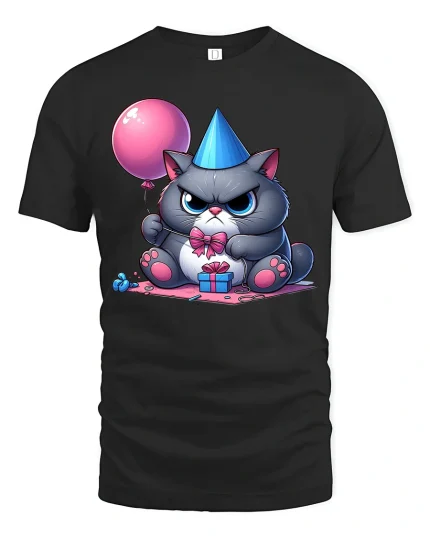 Grumpy Birthday Cat Balloon Gift Graphic Tee Cute Funny Mood - black t-shirt on white background