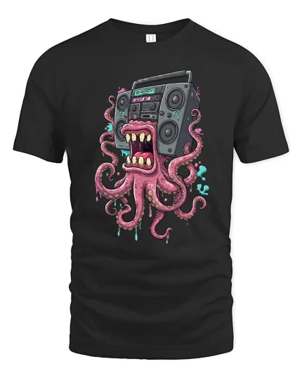Boombox Octopus Monster Graphic Tee Loud Music Street Art - black t-shirt on white background